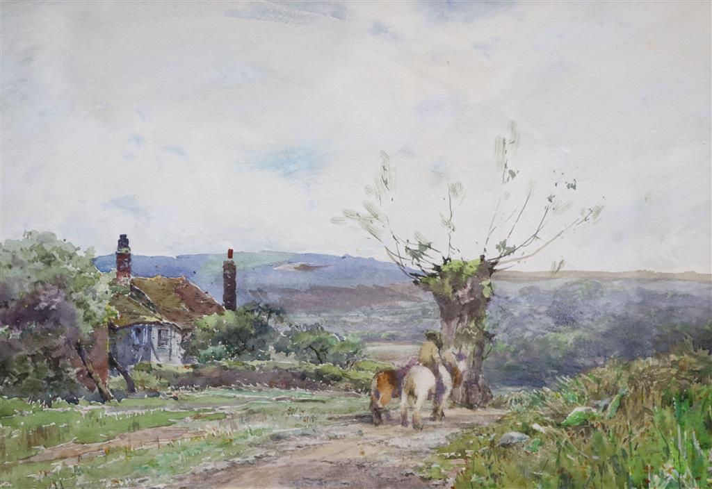 Claude Hayes (1852-1922), watercolour, Horse rider passing a cottage, signed, 24 x 34cm